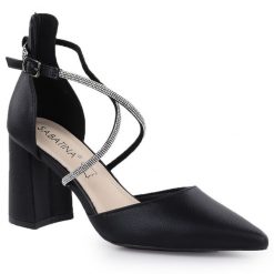 Sandały damskie na słupku z cyrkoniami czarne Sabatina 750-1. Czarne sandały damskie Sabatina, bez wzorów, z materiału, bez obcasa, na słupku. Za 169.99 zł.
