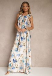 Jasnoniebieska Sukienka z Satyny w Kwiatowy Wzór Fenimea. Niebieskie sukienki damskie Renee, na imprezę, na lato, s, bez wzorów, z satyny, eleganckie, bez kołnierzyka, bez ramiączek, maxi. W wyprzedaży za 132.99 zł.