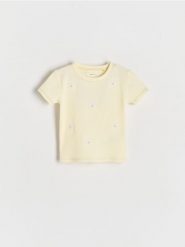 Prążkowany t-shirt z haftem - żółty. Żółte koszulki dziewczęce Reserved, m, bez wzorów, z bawełny, bez ramiączek. W wyprzedaży za 25.99 zł.