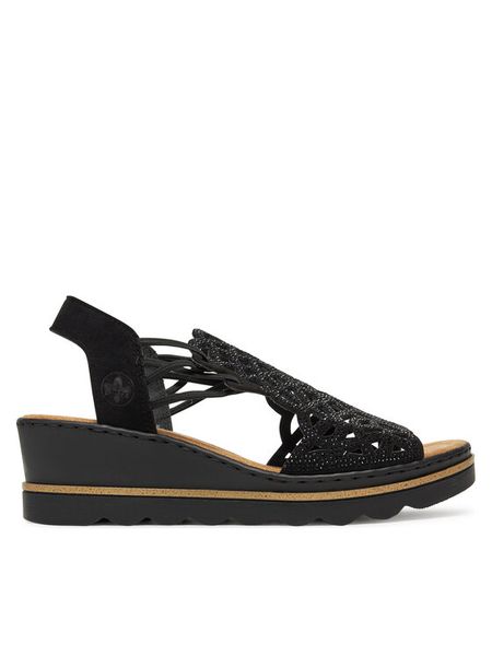 Rieker Sandały CEO-67465-00 Czarny. Czarne sandały damskie Rieker, bez wzorów, z materiału, bez obcasa, na koturnie. Za 349.99 zł.