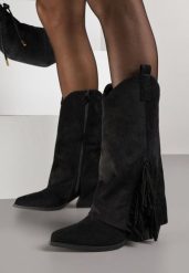 Czarne Botki Typu Kowbojki na Stożkowym Obcasie z Frędzlami Reinella. Czarne botki damskie Born2be, z jeansu, klasyczne, bez obcasa, na obcasie, bez zapięcia. Za 159.99 zł.