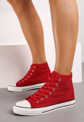 Czerwone Trampki z Wysoką Cholewką Ozdobione Perforacją Velagia. Czerwone trampki i tenisówki damskie Born2be, bez wzorów, przed kolano. Za 19.99 zł.