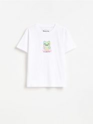 T-shirt z nadrukiem Fuggler - złamana biel. Koszulki dziewczęce Reserved, bez wzorów, z bawełny, bez ramiączek. Za 45.99 zł.