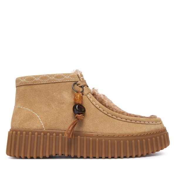 Trzewiki Clarks. Brązowe botki damskie Clarks, bez obcasa, na płaskiej podeszwie, bez zapięcia. Za 519.99 zł.