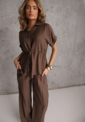 Ciemnobeżowy Komplet z Wiskozy Spodnie Wide Leg i Bluzka ze Ściągaczem w Talii Daemnell. Brązowe spodnie materiałowe damskie Renee, bez wzorów, z wiskozy. Za 129.99 zł.
