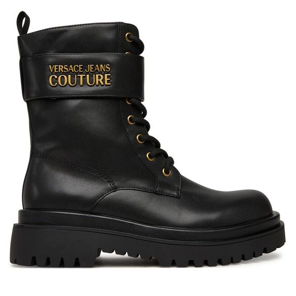 Trzewiki Versace Jeans Couture. Czarne botki damskie Versace Jeans Couture, z jeansu, bez obcasa, na płaskiej podeszwie, bez zapięcia. Za 779.99 zł.