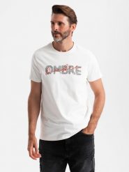 Bawełniany męski t-shirt z podwójnym printowanym logotypem – biały V1 OM-TSPT-0211 - XXL. Białe t-shirty męskie Ombre Clothing, l, bez wzorów, z bawełny, bez kołnierzyka. W wyprzedaży za 29.99 zł.