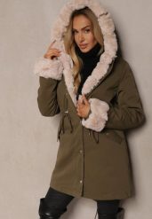 Ciemnozielona Kurtka Parka o Klasycznym Kroju z Kapturem i Futrem z Możliwością Odpięcia Ninnorina. Zielone kurtki damskie Renee, l, bez wzorów, z jeansu. Za 229.99 zł.