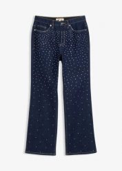 Jeansy straight, mid waist, zdobione kryształkami. Niebieskie jeansy damskie bonprix. Za 159.99 zł.