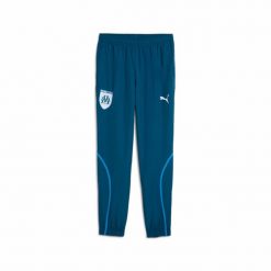 Spodnie przedmeczowe OM 2024/25. Niebieskie spodnie materiałowe męskie Puma, bez wzorów, z materiału, eleganckie. Za 293.75 zł.