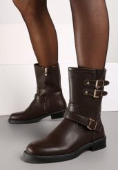 Brązowe Motocyklowe Botki Zdobione Klamrami przy Cholewce Tatilda. Brązowe botki damskie Renee, z jeansu, eleganckie, bez obcasa, na obcasie, bez zapięcia. Za 139.99 zł.