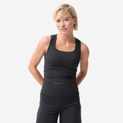 Koszulka damska Domyos Breathe bez rękawów. Czarne bluzki sportowe damskie Decathlon, l, z elastanu, bez kołnierzyka, bez ramiączek. Za 59.99 zł.