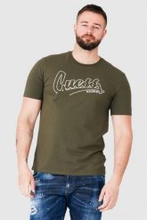 GUESS Oliwkowy t-shirt męski beachwear. Zielone t-shirty męskie Guess, m, z aplikacjami, bez kołnierzyka. W wyprzedaży za 109.99 zł.