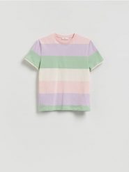Bawełniany t-shirt w paski - lawendowy. Fioletowe t-shirty damskie Reserved, l, bez wzorów, z bawełny, bez kołnierzyka. Za 39.99 zł.
