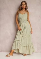 Zielona Sukienka Ailbhe. Zielone sukienki damskie Renee, na lato, l, z aplikacjami, boho, bez kołnierzyka, bez ramiączek, maxi. W wyprzedaży za 90.99 zł.