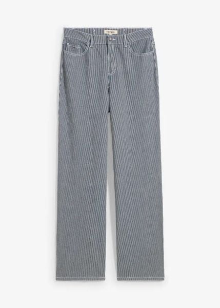 Dżinsy straight o luźnym kroju, high waist, w paski. Niebieskie jeansy damskie bonprix, z podwyższonym stanem. Za 74.99 zł.