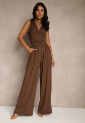 Brązowy Taliowany Kombinezon Wide Leg z Wiskozą Baniselia. Brązowe kombinezony damskie Renee, l, bez wzorów, z jeansu, eleganckie, bez kołnierzyka, bez ramiączek. Za 179.99 zł.