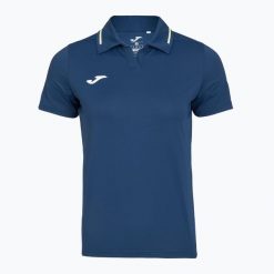 Koszulka polo tenisowa damska Joma Challenge Polo W. Niebieskie bluzki sportowe damskie Joma, m, z elastanu, bez kołnierzyka, bez ramiączek. Za 89.99 zł.