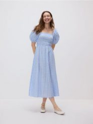 Sukienka w kratę - niebieski. Niebieskie sukienki damskie Reserved, na co dzień, l, bez wzorów, z bawełny, bez kołnierzyka, bez ramiączek, midi, proste. Za 139.99 zł.