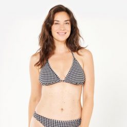 Góra kostiumu kąpielowego surfingowego damska Olaian Mae Vichy teksturowana. Czarne bikini damskie OLAIAN, bez wzorów. Za 59.99 zł.