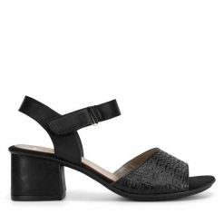 Sandały Rieker. Czarne sandały damskie Rieker, bez wzorów, bez obcasa, na słupku. Za 299.99 zł.