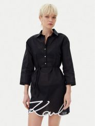 KARL LAGERFELD Sukienka koszulowa A1W46006 Czarny Regular Fit. Czarne sukienki damskie Karl Lagerfeld, xl, bez wzorów, z bawełny, bez kołnierzyka, bez ramiączek, koszulowe. Za 489.99 zł.