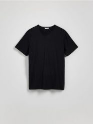 Bawełniany t-shirt regular - czarny. Czarne t-shirty męskie Reserved, l, bez wzorów, z bawełny, bez kołnierzyka. Za 49.99 zł.