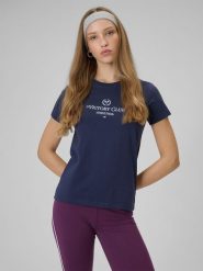 4F T-shirt regular z nadrukiem damski - granatowy L. Niebieskie t-shirty damskie 4f, l, bez wzorów, z dzianiny, bez kołnierzyka. Za 59.99 zł.