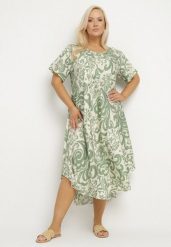 Zielona Rozkloszowana Sukienka z Wiskozy z Geometrycznym Wzorem Emisova. Zielone sukienki damskie Born2be, na co dzień, xl, bez wzorów, z wiskozy, eleganckie, bez kołnierzyka, bez ramiączek, midi, rozkloszowane. W wyprzedaży za 79.99 zł.