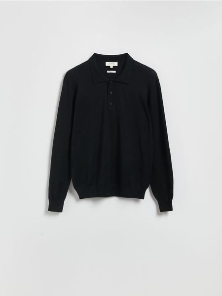Sweter polo z wełny merino - czarny. Czarne swetry męskie Reserved, l, bez wzorów, z wełny, bez kołnierzyka. W wyprzedaży za 159.99 zł.