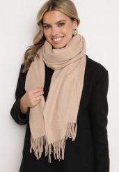 Beżowy Szalik z Bawełną i Wiskozą Ozdobiony Frędzlami Siadortia. Brązowe szaliki i kominy damskie Born2be, bez wzorów, z bawełny. Za 44.99 zł.