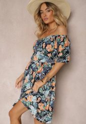 Granatowa Sukienka z Bawełny w Kwiatowy Print Dimizama. Niebieskie sukienki damskie Renee, na co dzień, l, bez wzorów, z bawełny, eleganckie, bez kołnierzyka, bez ramiączek, mini, kopertowe. W wyprzedaży za 38.49 zł.