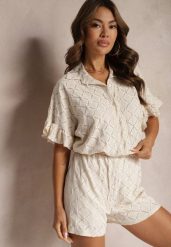Jasnobeżowy Komplet Krótkie Spodenki i Wiązana Koszula Fredefia. Brązowe koszule damskie Renee, bez wzorów, eleganckie. Za 129.99 zł.