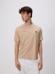 T-shirt boxy z nadrukiem - beżowy. Brązowe t-shirty męskie Reserved, l, bez wzorów, z bawełny, bez kołnierzyka. W wyprzedaży za 35.99 zł.