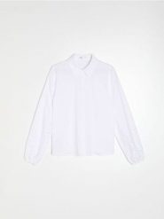 Bawełniana koszula z ażurowym wykończeniem rękawa - biały. Białe koszule damskie Sinsay, l, w ażurowe wzory, z bawełny, bez kołnierzyka, bez ramiączek. Za 49.99 zł.