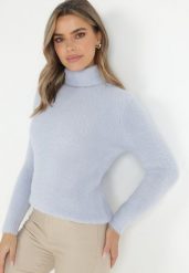 Jasnoniebieski Wełniany Golf Mihn. Niebieskie golfy damskie Born2be, m, bez wzorów, z wełny, bez ramiączek. Za 64.99 zł.