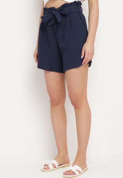 Granatowe Szorty z Bawełny z Gumką w Pasie i Materiałowym Paskiem Fioara. Niebieskie szorty damskie Born2be, bez wzorów, z bawełny, eleganckie. Za 59.99 zł.