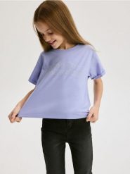 Bawełniany t-shirt z nadrukiem - jasnoniebieski. Niebieskie koszulki dziewczęce Reserved, bez wzorów, z bawełny, bez ramiączek. Za 19.99 zł.