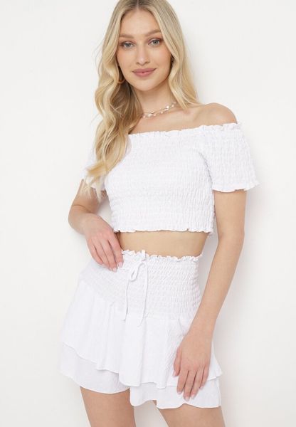 Biały Komplet Top w Stylu Hiszpanki i Spódnico-Szorty z Gumką Quillatta. Białe szorty damskie Born2be, bez wzorów. Za 59.99 zł.