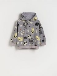 Bluza oversize Miasteczko Halloween - jasnoszary. Szare bluzy i bluzki niemowlęce Reserved, bez wzorów, z bawełny, bez ramiączek, bez kaptura. W wyprzedaży za 25.99 zł.