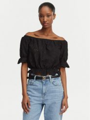 Guess Bluzka W6GP47 K3336 Czarny Regular Fit. Czarne topy sportowe damskie Guess, xxl, z aplikacjami, z bawełny, bez ramiączek. Za 294.99 zł.