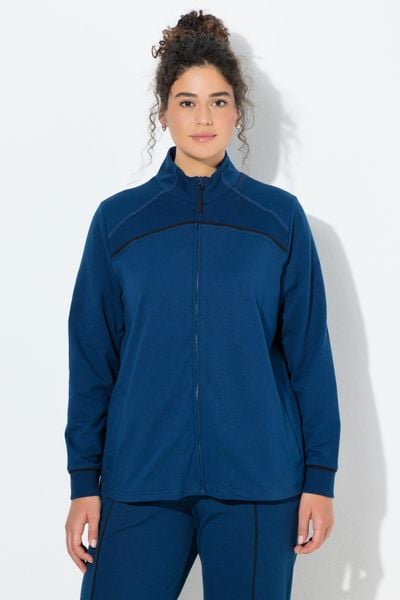 Damskie Bluza rozpinana wstawki prążkowane stójka długi rękaw. Niebieskie bluzy bez kaptura damskie Ulla Popken, plus size, bez wzorów, z bawełny, bez ramiączek, długie, bez kaptura. Za 239.99 zł.