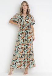 Zielono-Czarna Rozkloszowana Sukienka Maxi z Wiskozy Duslia. Zielone sukienki damskie Born2be, l, bez wzorów, z materiału, bez kołnierzyka, bez ramiączek, maxi, rozkloszowane. W wyprzedaży za 79.99 zł.