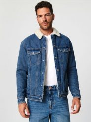 Kurtka jeansowa sherpa - niebieski. Niebieskie kurtki męskie Sinsay, l, bez wzorów, z jeansu, bez kaptura. Za 139.99 zł.
