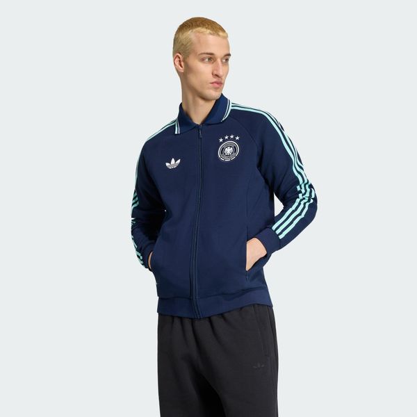 Wyjazdowa bluza reprezentacyjna Niemcy. Niebieskie bluzy bez kaptura męskie Adidas, bez wzorów, z bawełny, eleganckie, bez kołnierzyka, bez ramiączek. Za 529.00 zł.