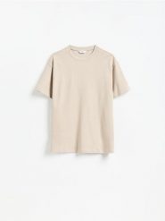 Bawełniany t-shirt boxy - beżowy. Brązowe t-shirty męskie Reserved, l, bez wzorów, z bawełny, bez kołnierzyka. Za 79.99 zł.