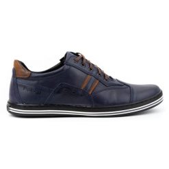 Polbut Buty męskie casual 1801 granat nubuk/camel niebieskie. Niebieskie buty sportowe na co dzień męskie na jesień, z jeansu, bez zapięcia. Za 319.69 zł.