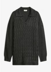 Sweter z warkoczowym splotem z mieszanki wiskozy. Brązowe swetry klasyczne damskie bonprix, prążkowane, bez kołnierzyka. Za 134.99 zł.