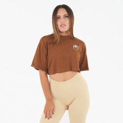 Koszulka crop top damska COSMIC LOVE brązowa. Brązowe bluzki damskie Legea, bez wzorów, z bawełny, bez kołnierzyka. Za 52.00 zł.