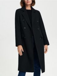 Płaszcz dwurzędowy - czarny. Czarne płaszcze damskie Sinsay, l, bez wzorów, eleganckie. W wyprzedaży za 59.99 zł.